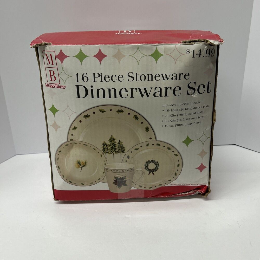 Merry Brite 16 Pc Christmas Stoneware Dinnerware Set Vintage Holiday Trees Box
